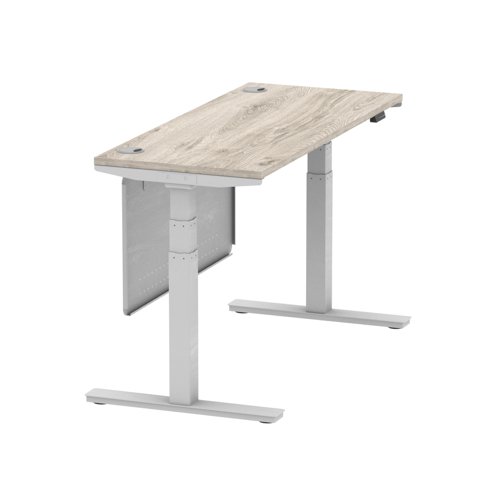 Air Modesty 1400 x 600mm Height Adjustable Office Desk With Cable Ports Grey Oak Finish Silver Frame With Silver Steel Modesty Panel - HA01418