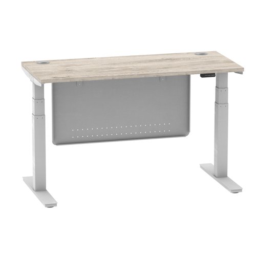 Air Modesty 1400 x 600mm Height Adjustable Office Desk With Cable Ports Grey Oak Finish Silver Frame With Silver Steel Modesty Panel - HA01418