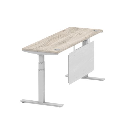 Air Modesty 1800 x 600mm Height Adjustable Office Desk With Cable Ports Grey Oak Finish Silver Frame With Silver Steel Modesty Panel - HA01420