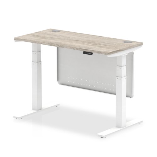 Air Modesty 1200 x 600mm Height Adjustable Office Desk Grey Oak Top Cable Ports White Leg With White Steel Modesty Panel