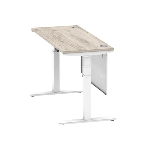 Air Modesty 1400 x 600mm Height Adjustable Office Desk Grey Oak Top Cable Ports White Leg With White Steel Modesty Panel
