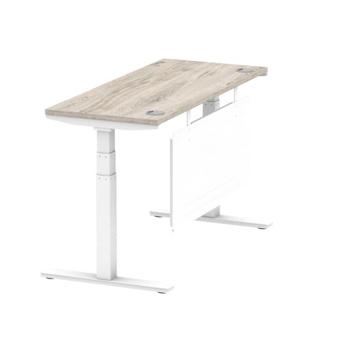 Air Modesty 1400 x 600mm Height Adjustable Office Desk Grey Oak Top Cable Ports White Leg With White Steel Modesty Panel