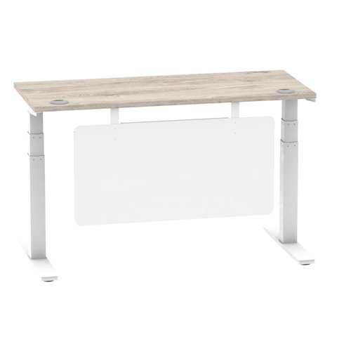 Air Modesty 1400 x 600mm Height Adjustable Office Desk Grey Oak Top Cable Ports White Leg With White Steel Modesty Panel