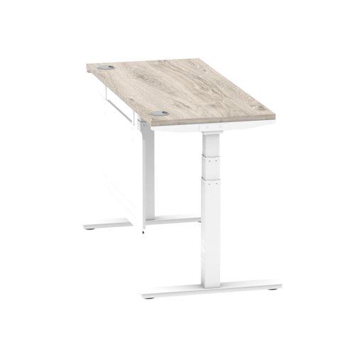 Air Modesty 1400 x 600mm Height Adjustable Office Desk Grey Oak Top Cable Ports White Leg With White Steel Modesty Panel