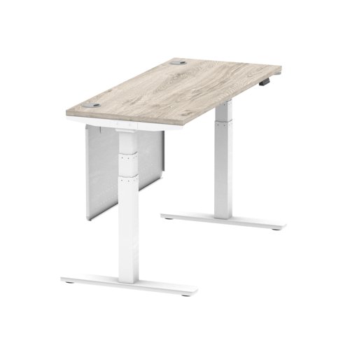 Air Modesty 1400 x 600mm Height Adjustable Office Desk Grey Oak Top Cable Ports White Leg With White Steel Modesty Panel