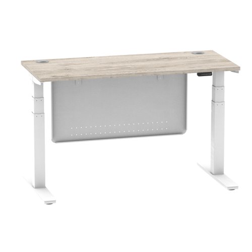 Air Modesty 1400 x 600mm Height Adjustable Office Desk Grey Oak Top Cable Ports White Leg With White Steel Modesty Panel