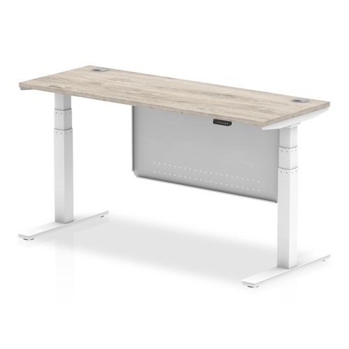 Air Modesty 1600 x 600mm Height Adjustable Office Desk Grey Oak Top Cable Ports White Leg With White Steel Modesty Panel