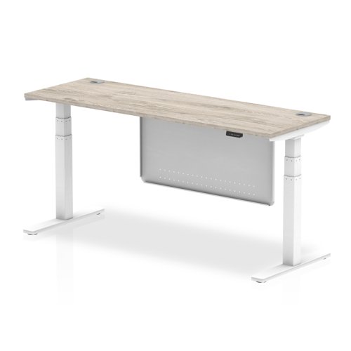 Air Modesty 1800 x 600mm Height Adjustable Office Desk Grey Oak Top Cable Ports White Leg With White Steel Modesty Panel
