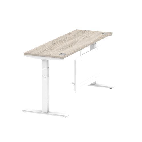 Air Modesty 1800 x 600mm Height Adjustable Office Desk Grey Oak Top Cable Ports White Leg With White Steel Modesty Panel