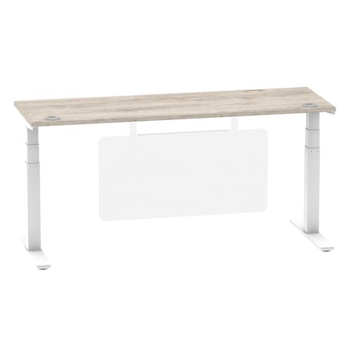 Air Modesty 1800 x 600mm Height Adjustable Office Desk Grey Oak Top Cable Ports White Leg With White Steel Modesty Panel