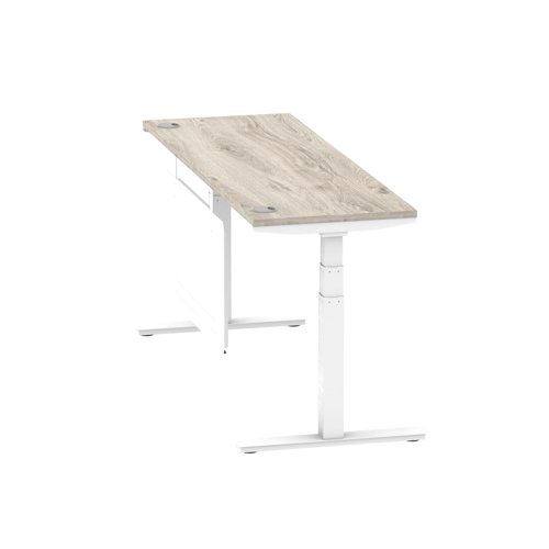 Air Modesty 1800 x 600mm Height Adjustable Office Desk Grey Oak Top Cable Ports White Leg With White Steel Modesty Panel