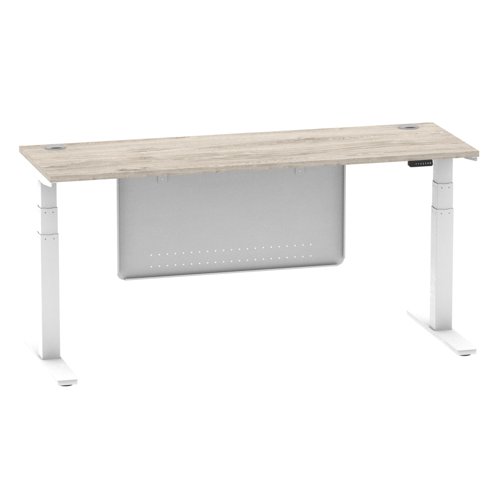 Air Modesty 1800 x 600mm Height Adjustable Office Desk Grey Oak Top Cable Ports White Leg With White Steel Modesty Panel