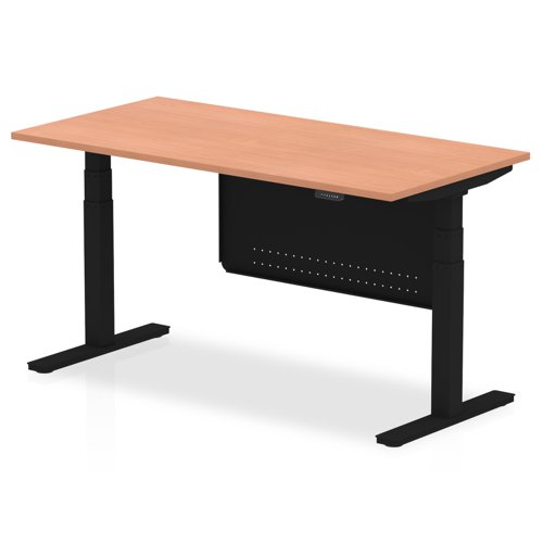 Air Modesty 1600 x 800mm Height Adjustable Office Desk Beech Top Black Leg With Black Steel Modesty Panel
