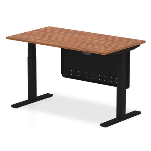 Air Modesty 1400 x 800mm Height Adjustable Office Desk Walnut Top Black Leg With Black Steel Modesty Panel