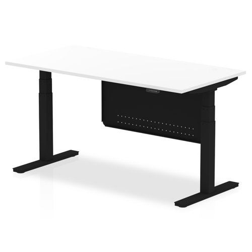 Air Modesty 1600 x 800mm Height Adjustable Office Desk White Top Black Leg With Black Steel Modesty Panel
