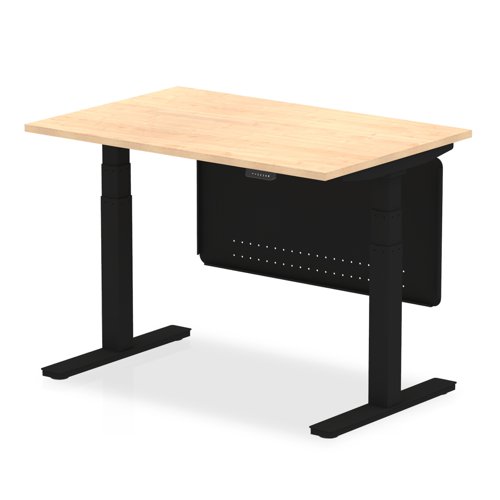 Air Modesty 1200 x 800mm Height Adjustable Office Desk Maple Top Black Leg With Black Steel Modesty Panel