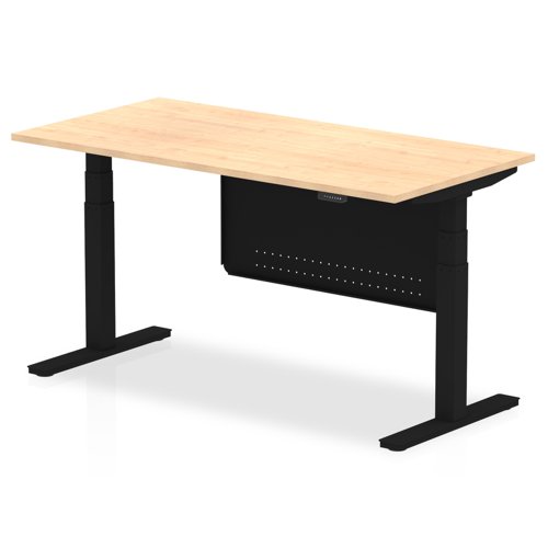 Air Modesty 1600 x 800mm Height Adjustable Office Desk Maple Top Black Leg With Black Steel Modesty Panel