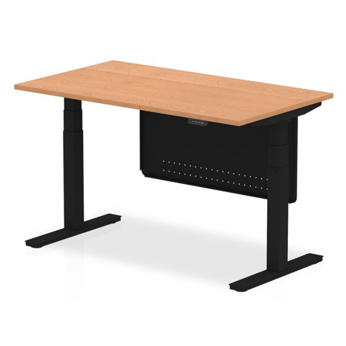 Air Modesty 1400 x 800mm Height Adjustable Office Desk Oak Top Black Leg With Black Steel Modesty Panel