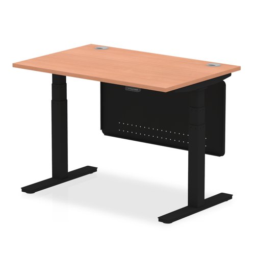 Air Modesty 1200 x 800mm Height Adjustable Office Desk Beech Top Cable Ports Black Leg With Black Steel Modesty Panel
