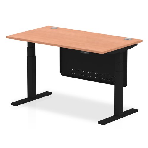 Air Modesty 1400 x 800mm Height Adjustable Office Desk Beech Top Cable Ports Black Leg With Black Steel Modesty Panel