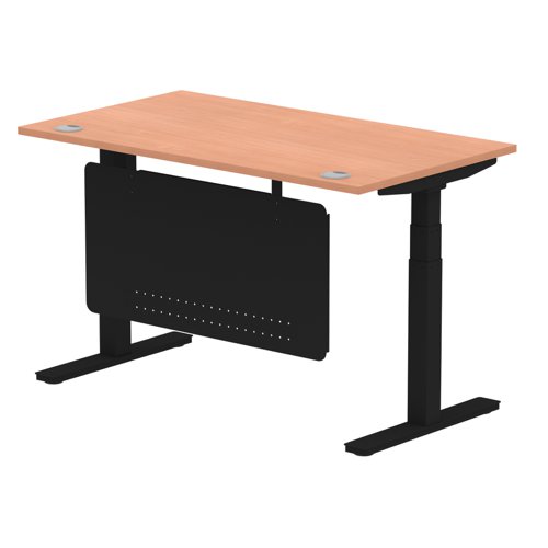 Air Modesty 1400 x 800mm Height Adjustable Office Desk With Cable Ports Beech Finish Black Frame With Black Steel Modesty Panel - HA01446