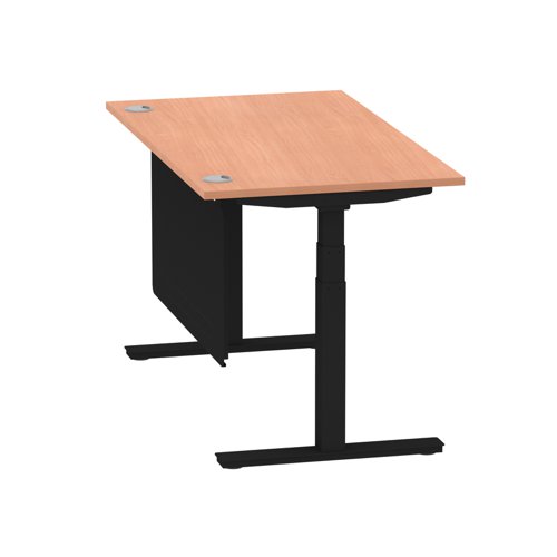 Air Modesty 1400 x 800mm Height Adjustable Office Desk With Cable Ports Beech Finish Black Frame With Black Steel Modesty Panel - HA01446
