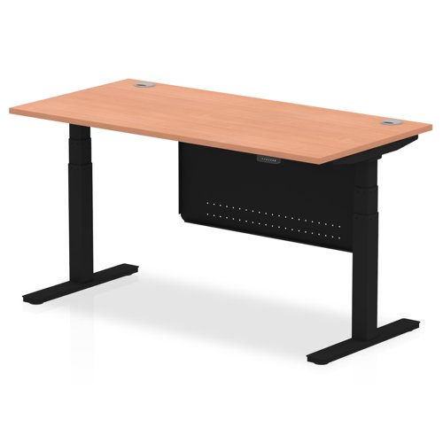 Air Modesty 1600 x 800mm Height Adjustable Office Desk Beech Top Cable Ports Black Leg With Black Steel Modesty Panel