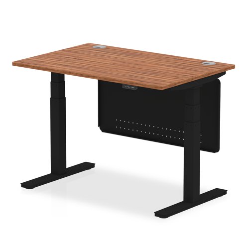Air Modesty 1200 x 800mm Height Adjustable Office Desk Walnut Top Cable Ports Black Leg With Black Steel Modesty Panel