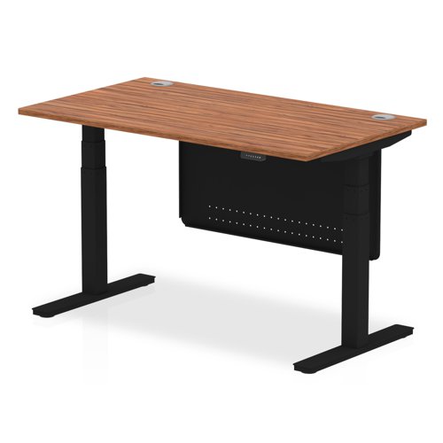 Air Modesty 1400 x 800mm Height Adjustable Office Desk Walnut Top Cable Ports Black Leg With Black Steel Modesty Panel