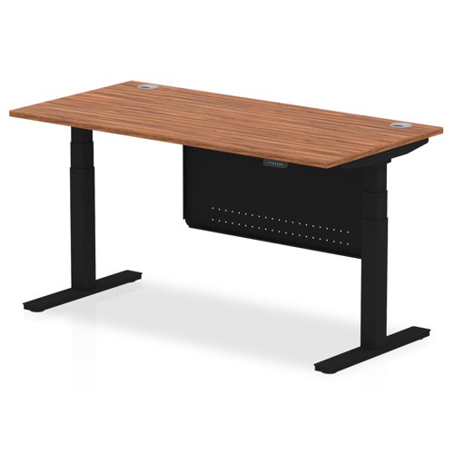 Air Modesty 1600 x 800mm Height Adjustable Office Desk Walnut Top Cable Ports Black Leg With Black Steel Modesty Panel