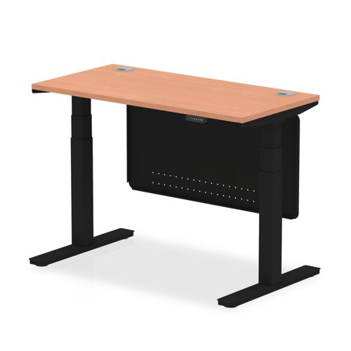 Air Modesty 1200 x 600mm Height Adjustable Office Desk Beech Top Cable Ports Black Leg With Black Steel Modesty Panel