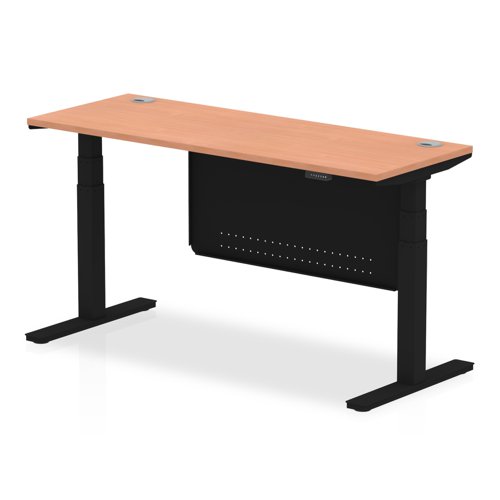 Air Modesty 1600 x 600mm Height Adjustable Office Desk Beech Top Cable Ports Black Leg With Black Steel Modesty Panel