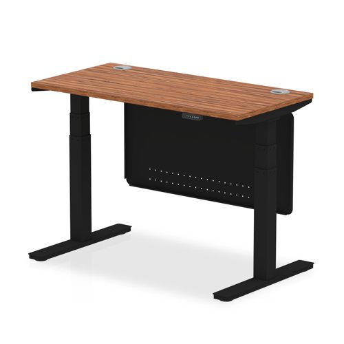 Air Modesty 1200 x 600mm Height Adjustable Office Desk Walnut Top Cable Ports Black Leg With Black Steel Modesty Panel