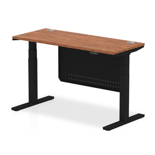 Air Modesty 1400 x 600mm Height Adjustable Office Desk Walnut Top Cable Ports Black Leg With Black Steel Modesty Panel