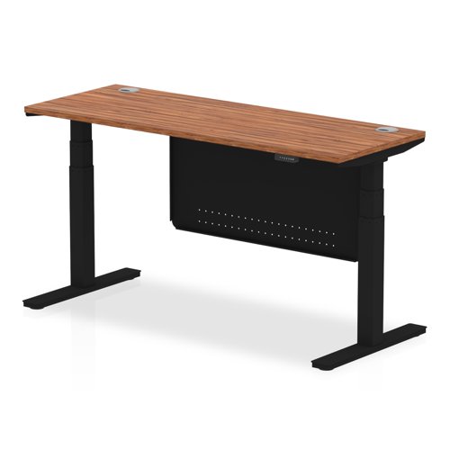 Air Modesty 1600 x 600mm Height Adjustable Office Desk Walnut Top Cable Ports Black Leg With Black Steel Modesty Panel