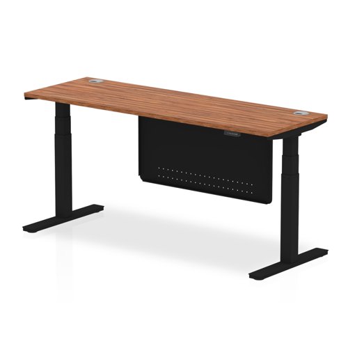Air Modesty 1800 x 600mm Height Adjustable Office Desk Walnut Top Cable Ports Black Leg With Black Steel Modesty Panel