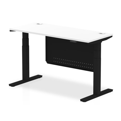 Air Modesty 1400 x 600mm Height Adjustable Office Desk White Top Cable Ports Black Leg With Black Steel Modesty Panel