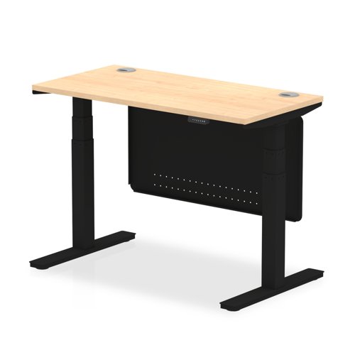 Air 1200 x 600mm Height Adjustable Desk Maple Top Cable Ports Black Leg  With Black Steel Modesty Panel