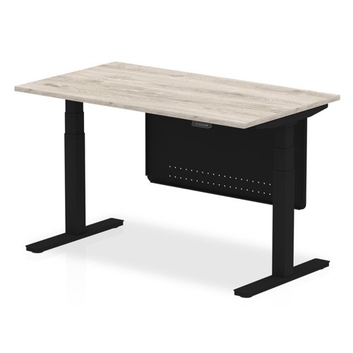 Air Modesty 1400 x 800mm Height Adjustable Office Desk Grey Oak Top Black Leg With Black Steel Modesty Panel