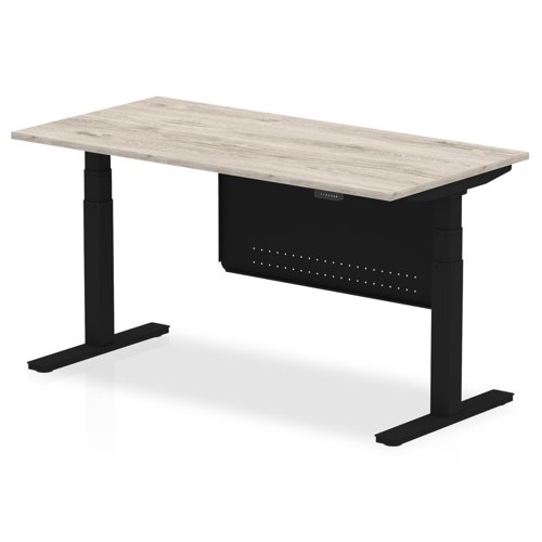 Air Modesty 1600 x 800mm Height Adjustable Office Desk Grey Oak Top Black Leg With Black Steel Modesty Panel