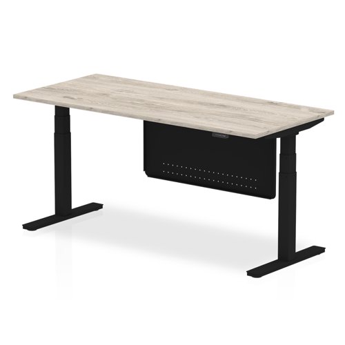 Air Modesty 1800 x 800mm Height Adjustable Office Desk Grey Oak Top Black Leg With Black Steel Modesty Panel