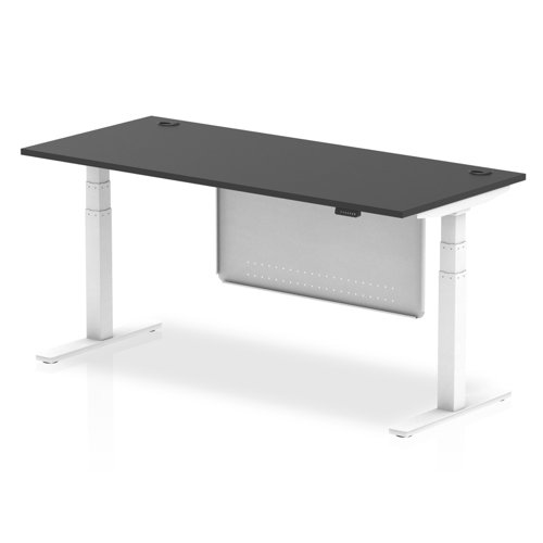 Air Modesty Black Series 1800 x 800mm Height Adjustable Office Desk Black Top with Cable Ports White Leg With White Steel Modesty Panel