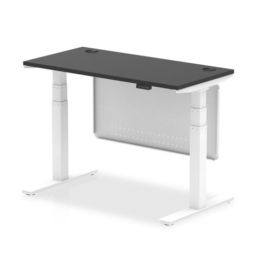 Air Modesty Black Series 1200 x 600mm Height Adjustable Office Desk Black Top with Cable Ports White Leg With White Steel Modesty Panel