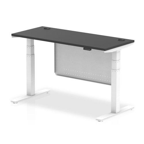 Air Modesty Black Series 1400 x 600mm Height Adjustable Office Desk Black Top with Cable Ports White Leg With White Steel Modesty Panel