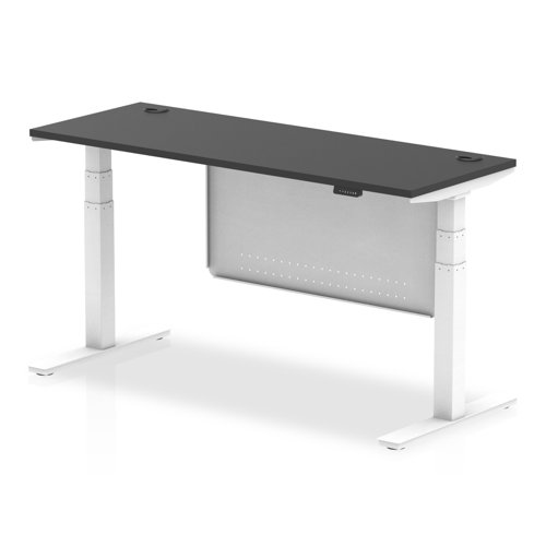 Air Modesty Black Series 1600 x 600mm Height Adjustable Office Desk Black Top with Cable Ports White Leg With White Steel Modesty Panel