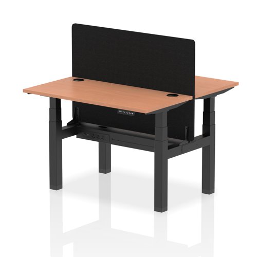 Air Back-to-Back 1200 x 600mm Height Adjustable 2 Person Bench Desk Beech Top with Cable Ports Black Frame with Black Straight Screen