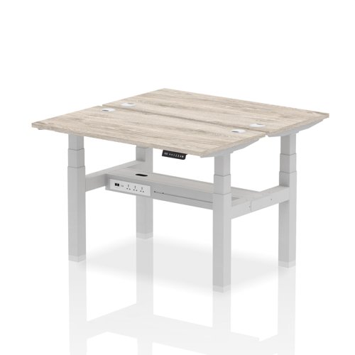 Air Back-to-Back 1200 x 600mm Height Adjustable 2 Person Bench Desk Grey Oak Top with Cable Ports Silver Frame