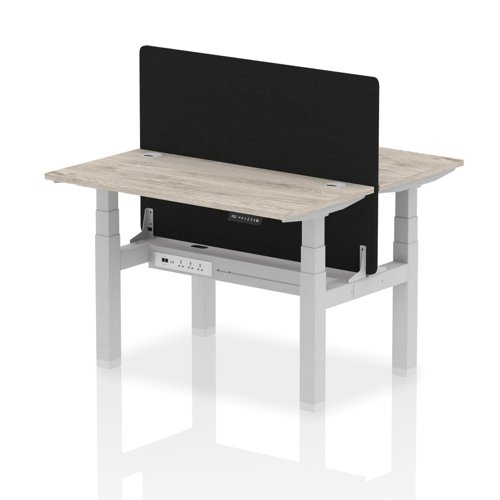 Air Back-to-Back 1200 x 600mm Height Adjustable 2 Person Bench Desk Grey Oak Top with Cable Ports Silver Frame with Black Straight Screen