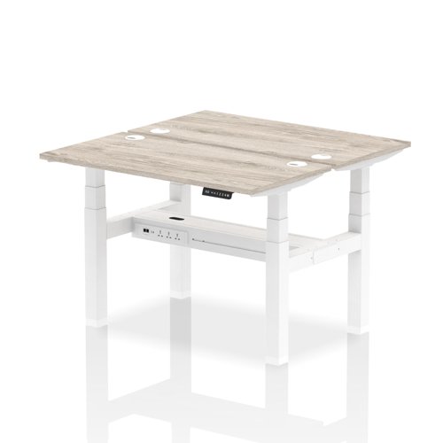 30554DY - Dynamic Air Back-to-Back W1200 x D600mm Height Adjustable Sit Stand 2 Person Bench Desk With Cable Ports Grey Oak Finish White Frame - HA01540