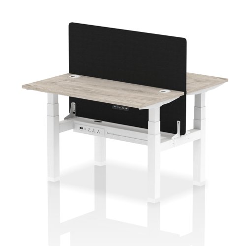 Air Back-to-Back 1200 x 600mm Height Adjustable 2 Person Bench Desk Grey Oak Top with Cable Ports White Frame with Charcoal Straight Screen